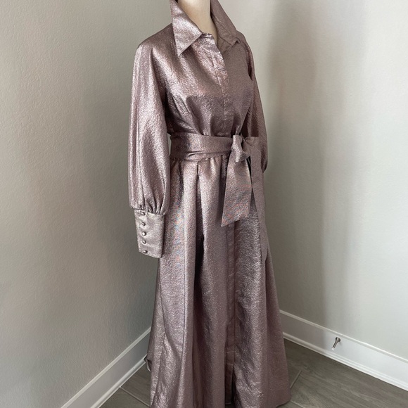 Teri Jon Metallic Jacquard Shirt Dress Event Glown Maxi Long Sleeves Size 12 - Picture 7 of 16